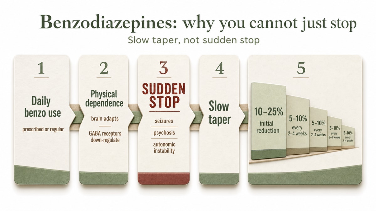 Illustrate the cited benzodiazepine tapering process — an initial 10–25% dose reduction followed by 5–10% reductions every 2–4 weeks — which the section explains in detail