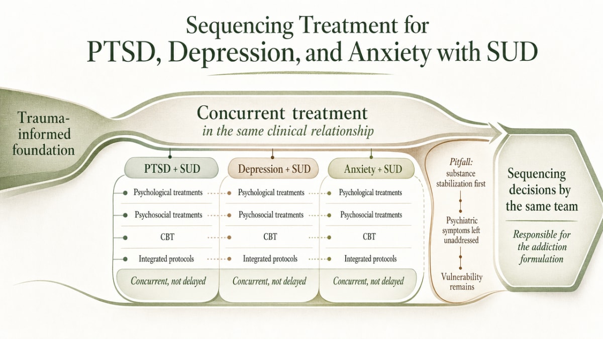 Visualize the section's comparison of named concurrent protocols for each comorbidity pattern, supporting the cited sequencing framework