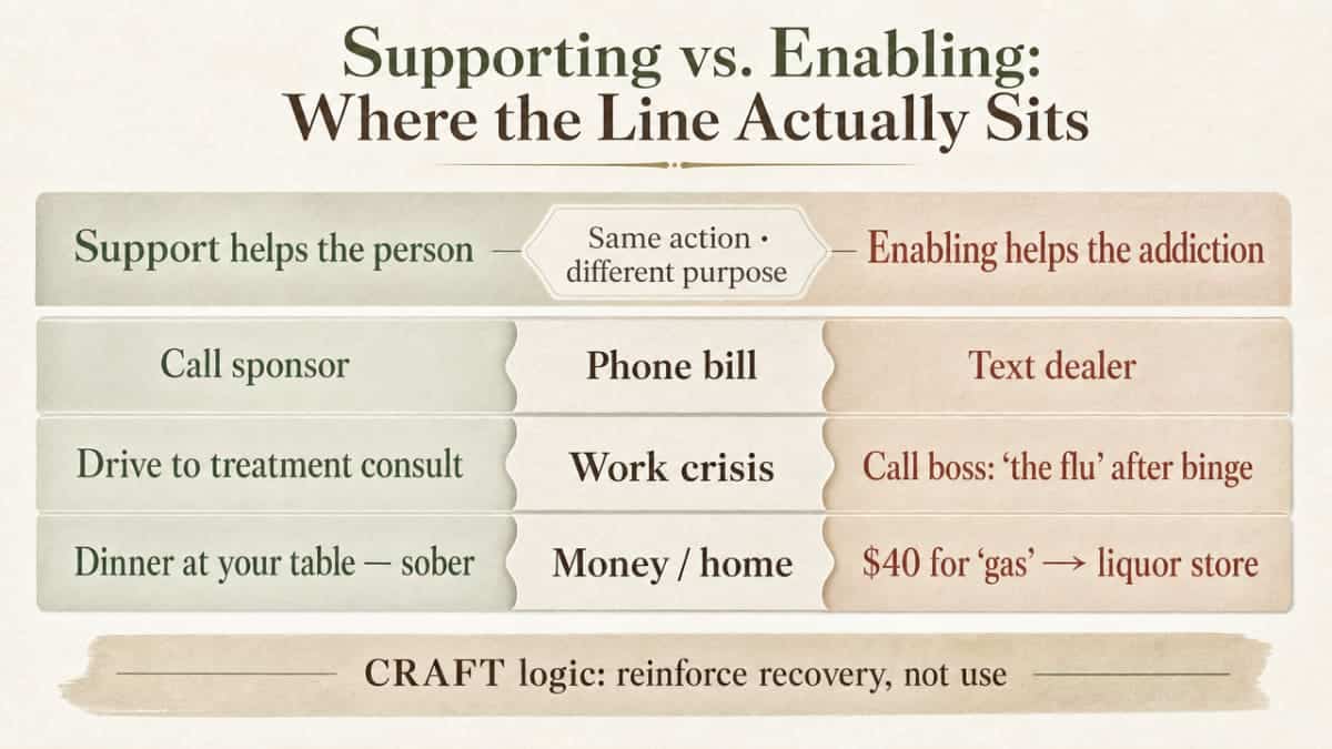 Visualize the section's explicit comparison framework contrasting support versus enabling actions, mirroring the paired examples in the prose
