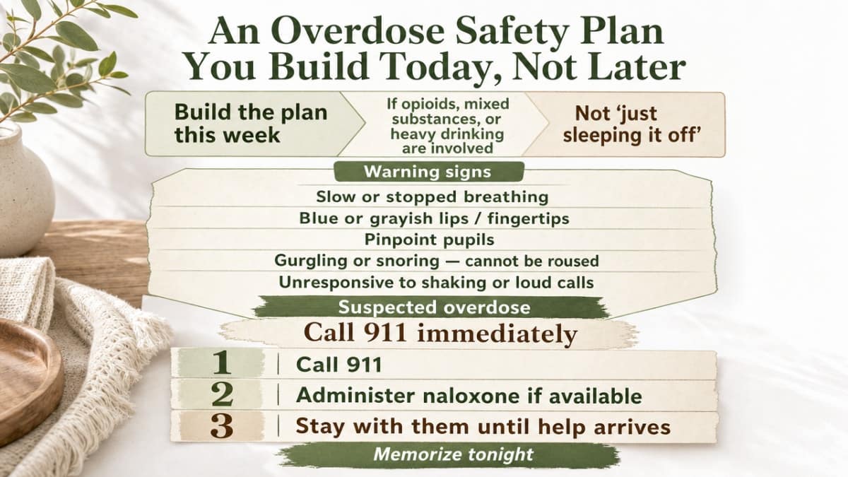Turn the section's cited three-step overdose response into a scannable process visual that families can memorize