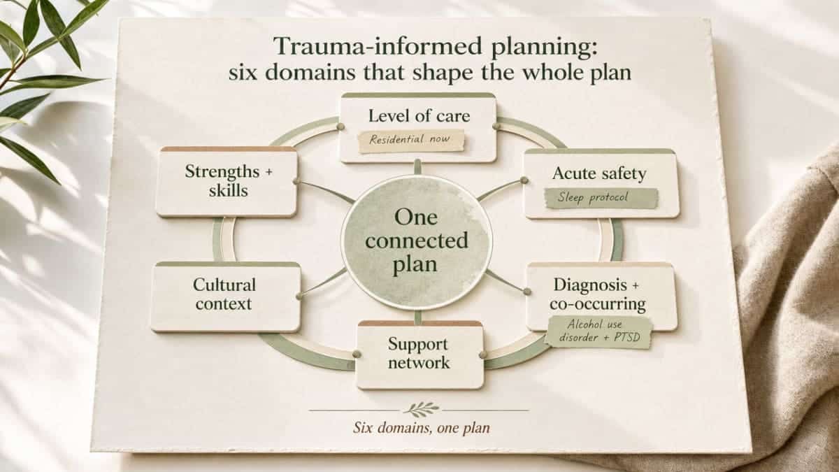 Visualize the six interconnected TIP 57 trauma-informed planning domains cited in this section