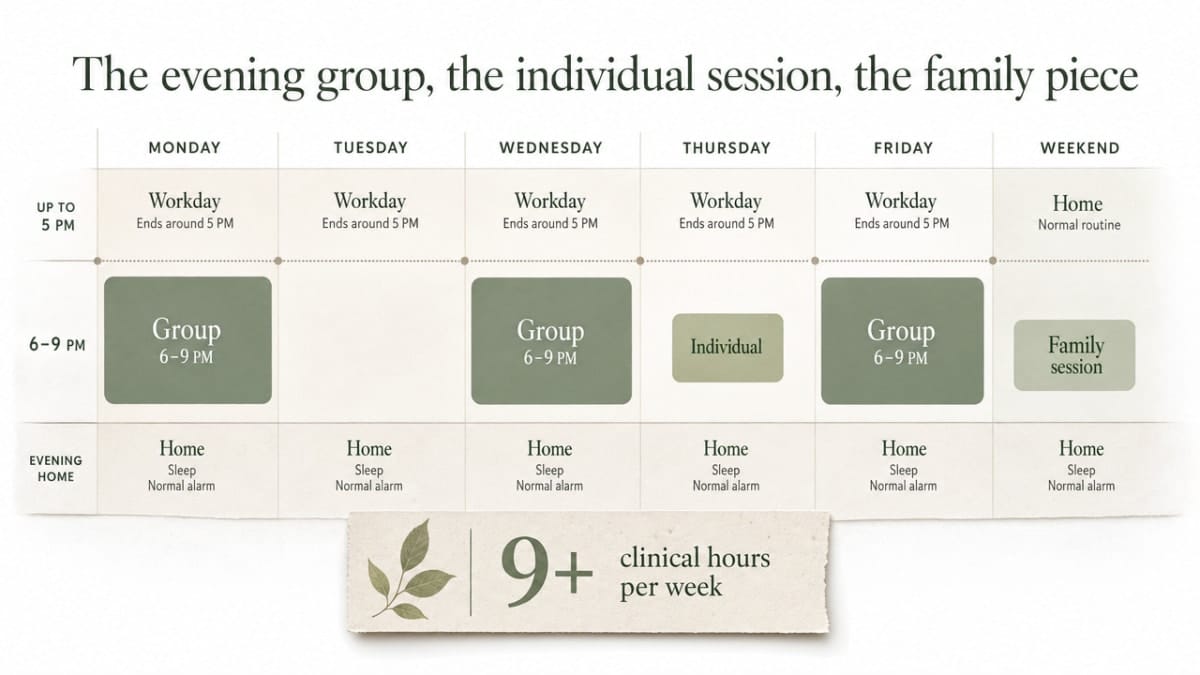 Visualize the realistic weekly IOP schedule described in prose (Mon/Wed/Fri evening groups, Thursday individual, weekend family session) so the reader sees how nine clinical hours fit around a working life