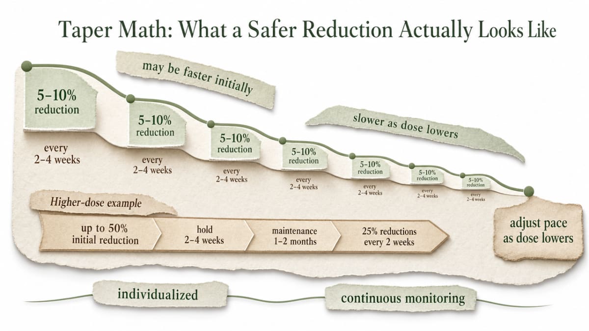 Illustrate the recommended gradual taper approach (5–10% every 2–4 weeks, slowing as dose lowers) discussed in the section, giving readers a concrete visual of a safer reduction schedule