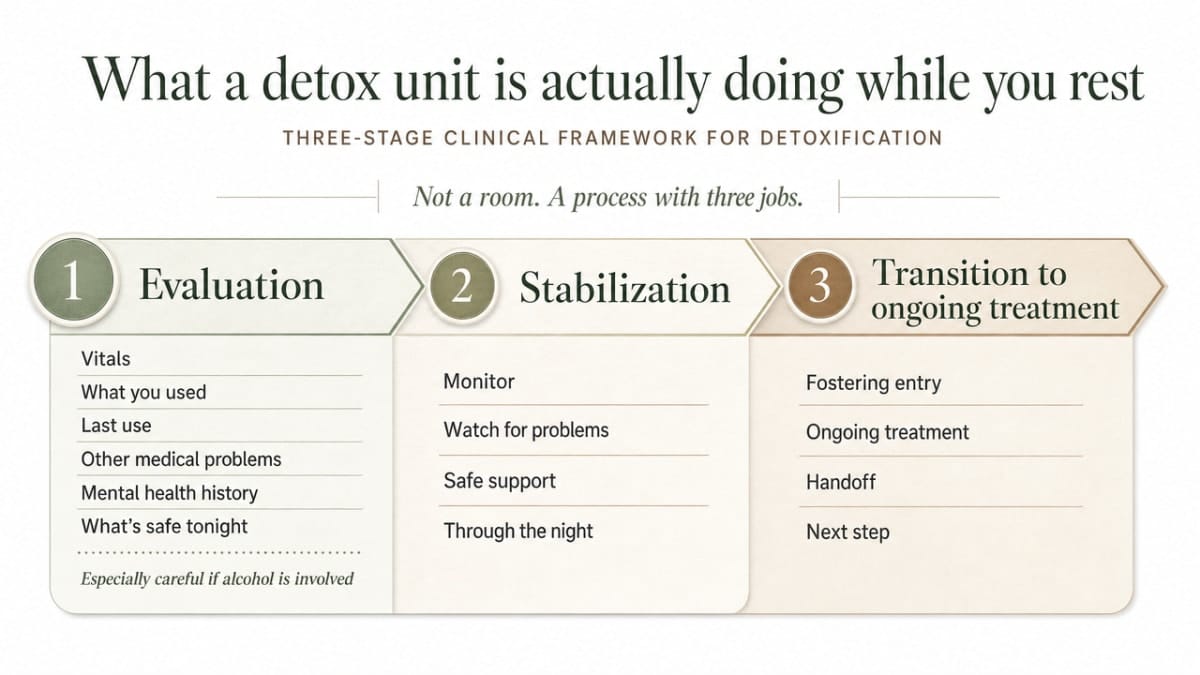 Visualize the three-stage clinical framework for detoxification (evaluation, stabilization, transition to ongoing treatment) that the section explicitly describes from SAMHSA TIP 45