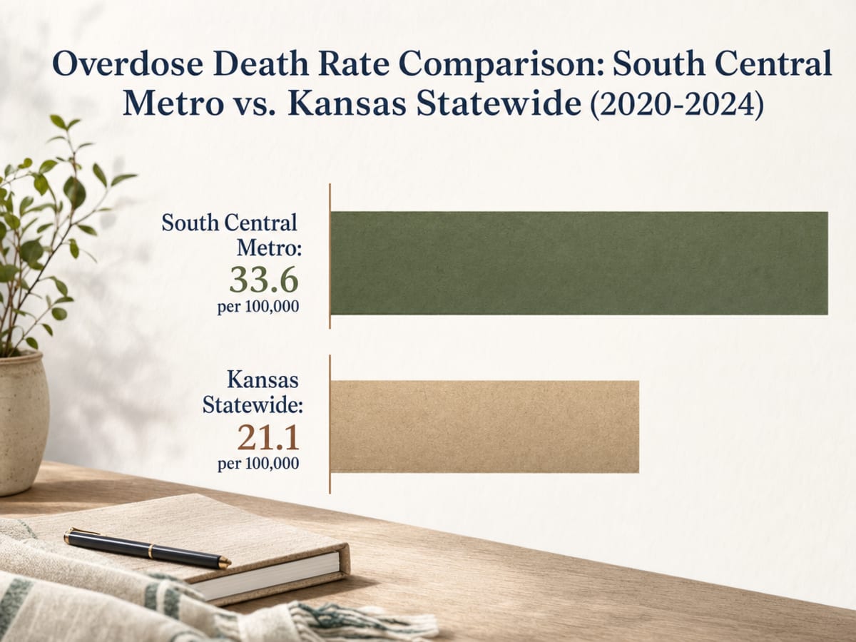Chart showing Overdose Death Rate Comparison: South Central Metro vs. Kansas Statewide (2020-2024)