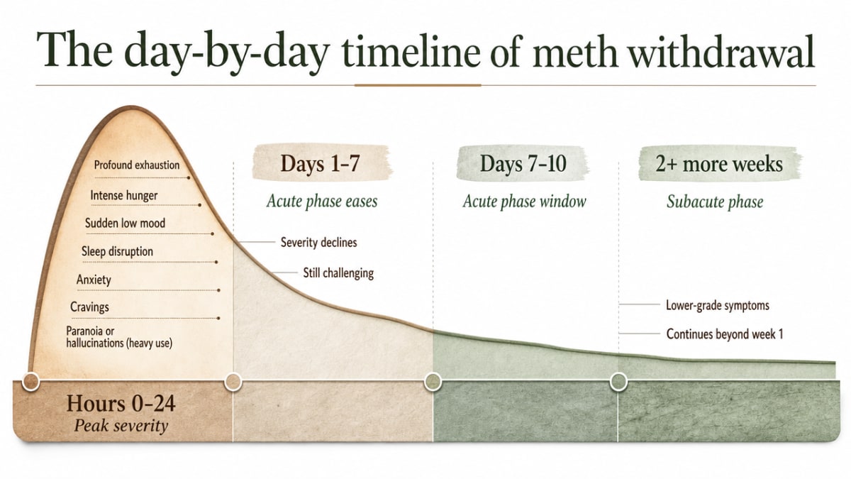 Visualize the cited day-by-day withdrawal timeline that structures this entire section, showing the peak within 24 hours, acute phase of 7-10 days, and subacute phase extending 2+ more weeks