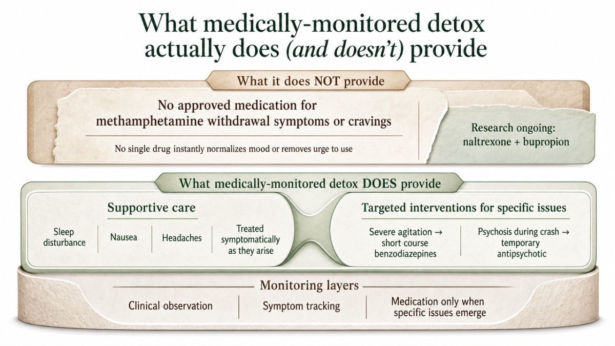 Illustrate the operating model of medically-monitored detox described in this section: what it replaces medication with (supportive care pillars) and what monitoring layers it uses