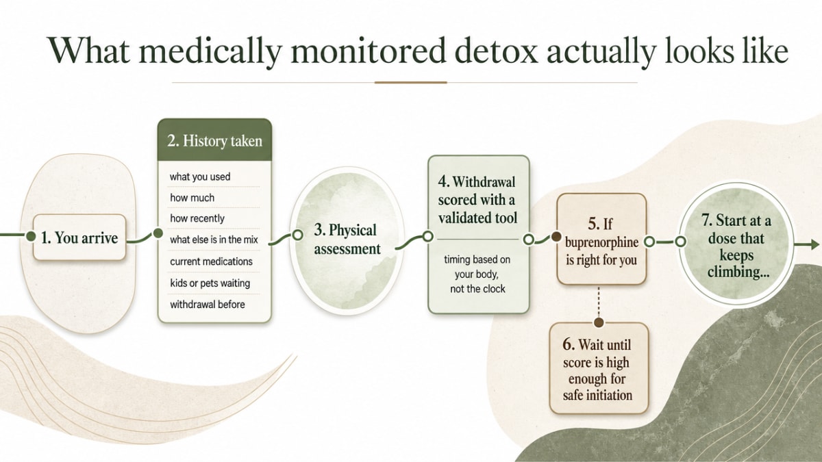 Visualize the clinical detox workflow described in the section: intake, assessment, MOUD initiation timing, monitoring, and transition to residential care