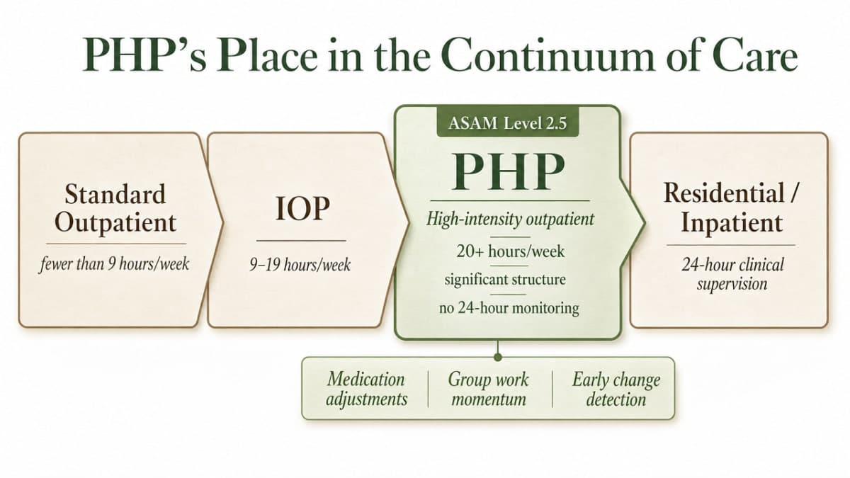 Visualize the ASAM continuum showing where PHP sits between residential and IOP based on weekly clinical hours cited in the section