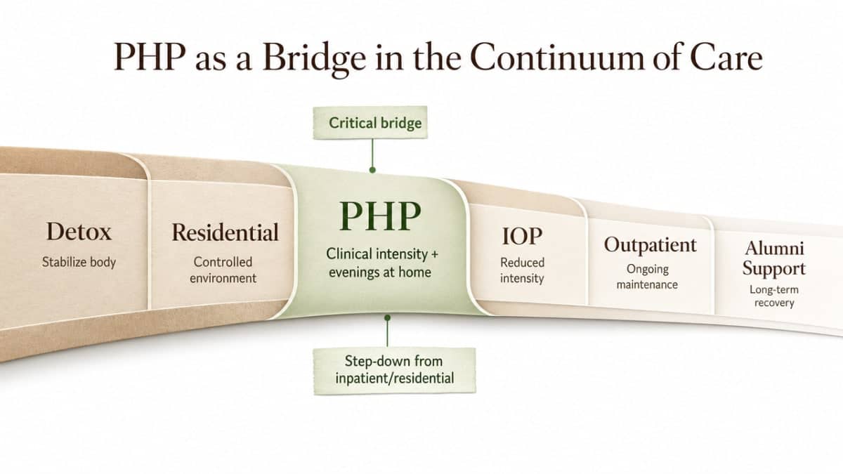 Illustrate the step-down handoff journey from detox to alumni support, reinforcing PHP as a bridge as described in the section