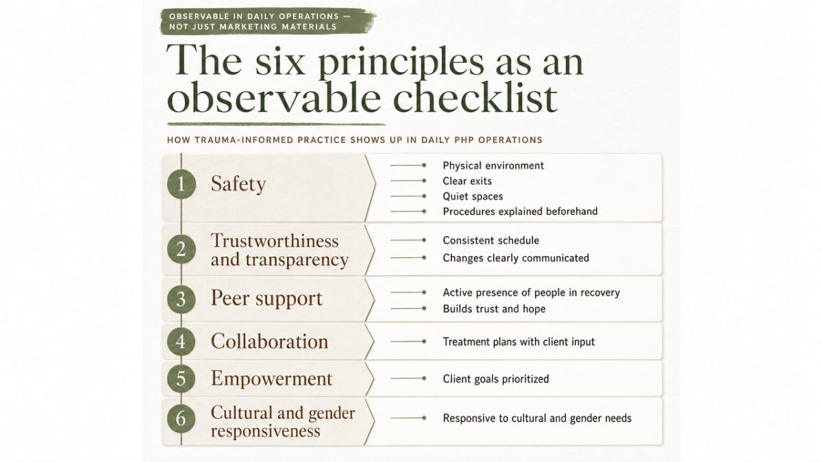 Visualize SAMHSA's six trauma-informed principles as an observable framework for evaluating a PHP