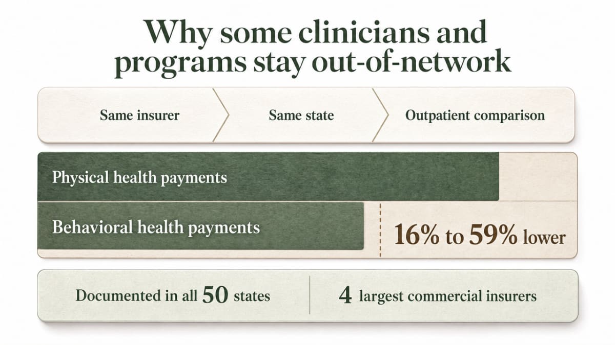Support the section's cited statistic that outpatient behavioral health payments are 16% to 59% lower than physical health payments across all 50 states from the four largest commercial insurers
