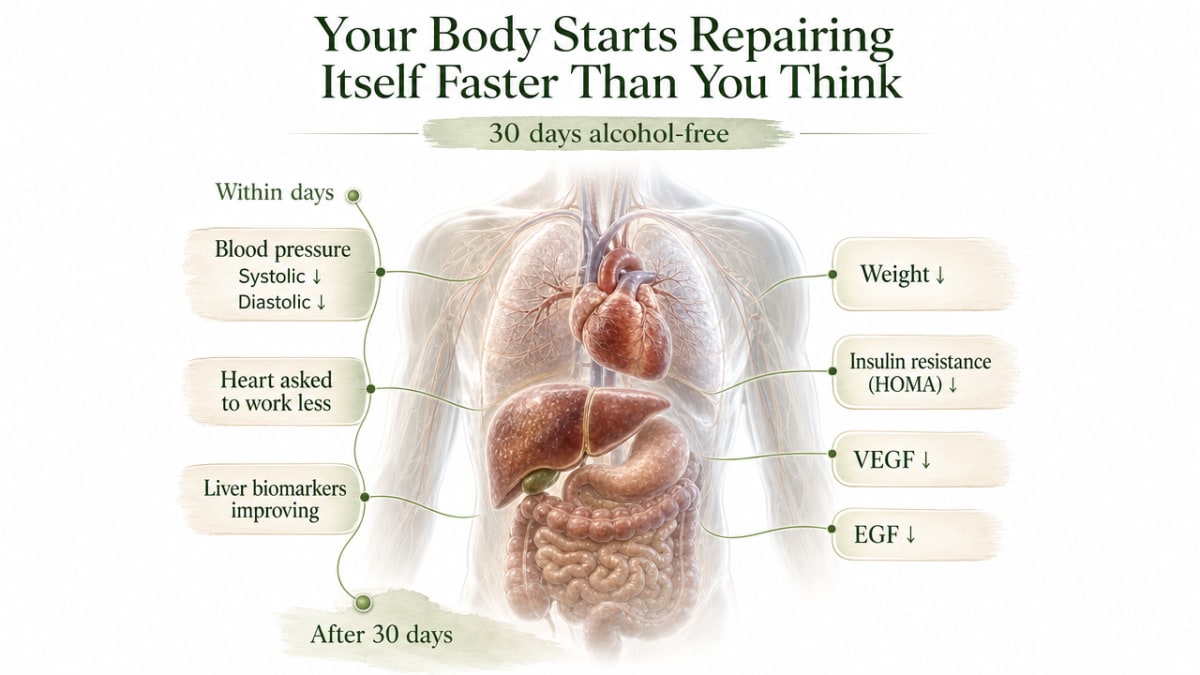 Visualize the specific 30-day physiological changes cited in this section from the prospective abstinence study, giving readers a concrete picture of what improves in the body during the first month sober