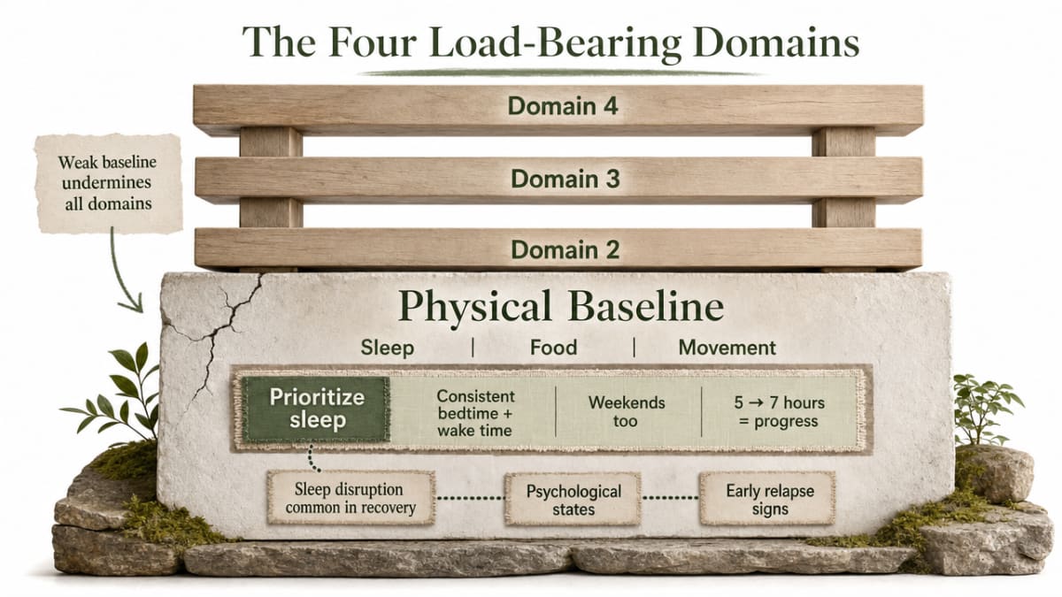 Visualize the four load-bearing domains of recovery self-care as a structured framework, matching the section's core organizing model