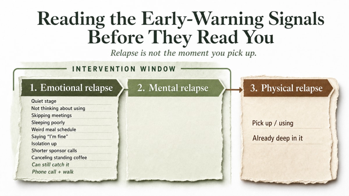 Illustrate the three-stage relapse framework (emotional, mental, physical) cited in this section, with the intervention window called out, matching source [ref_2]