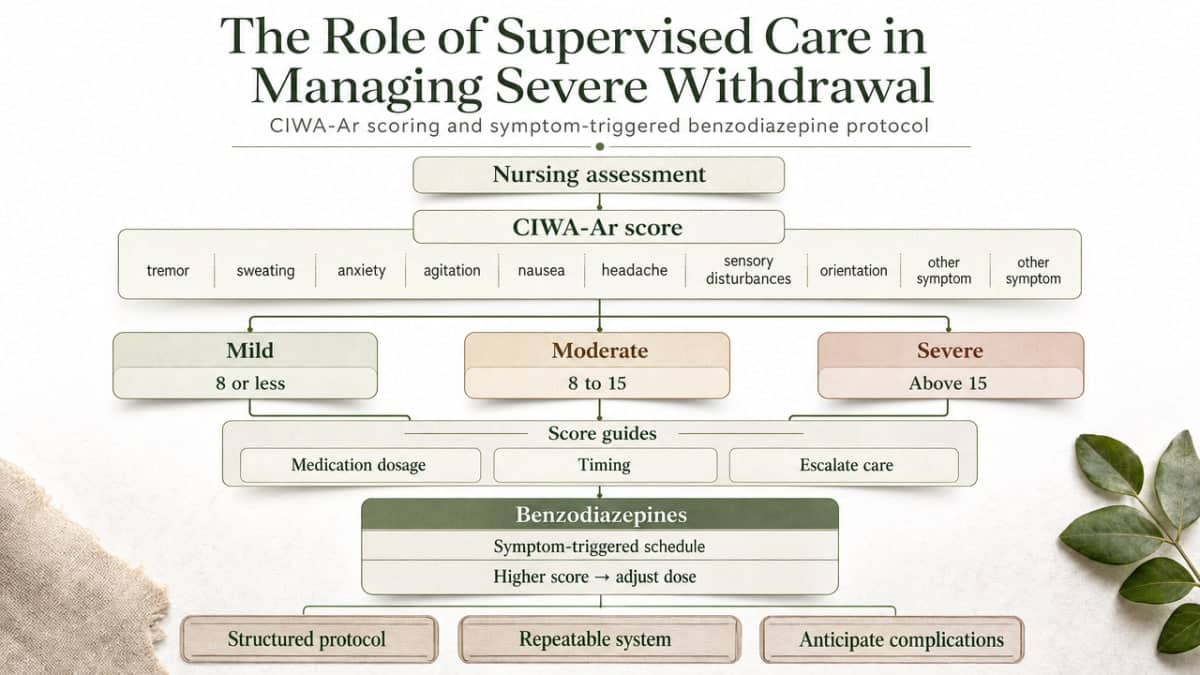 Illustrate the CIWA-Ar scoring framework and symptom-triggered benzodiazepine protocol described in this section as a clinical decision workflow