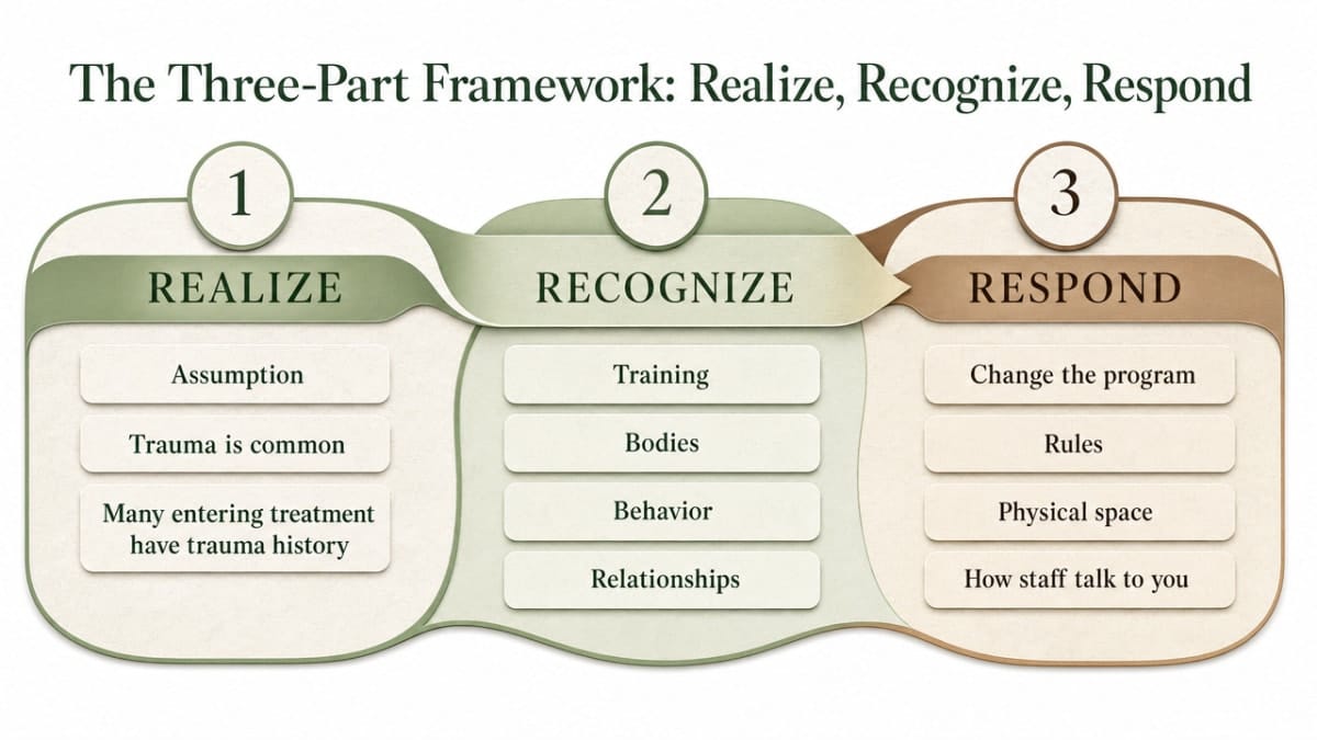 Visualize SAMHSA's three-part trauma-informed framework cited in this section, giving readers a clear anchor for the Realize / Recognize / Respond structure