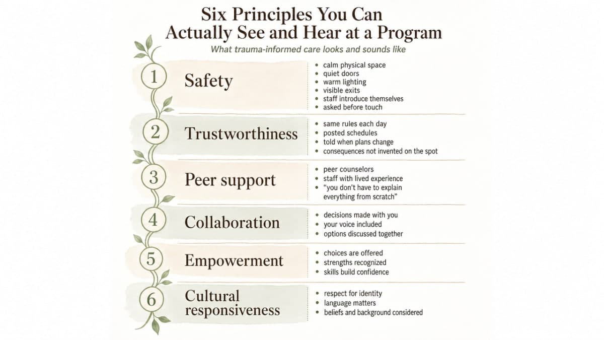 Summarize SAMHSA's six trauma-informed principles cited in this section as a compact reference grid readers can scan while reading