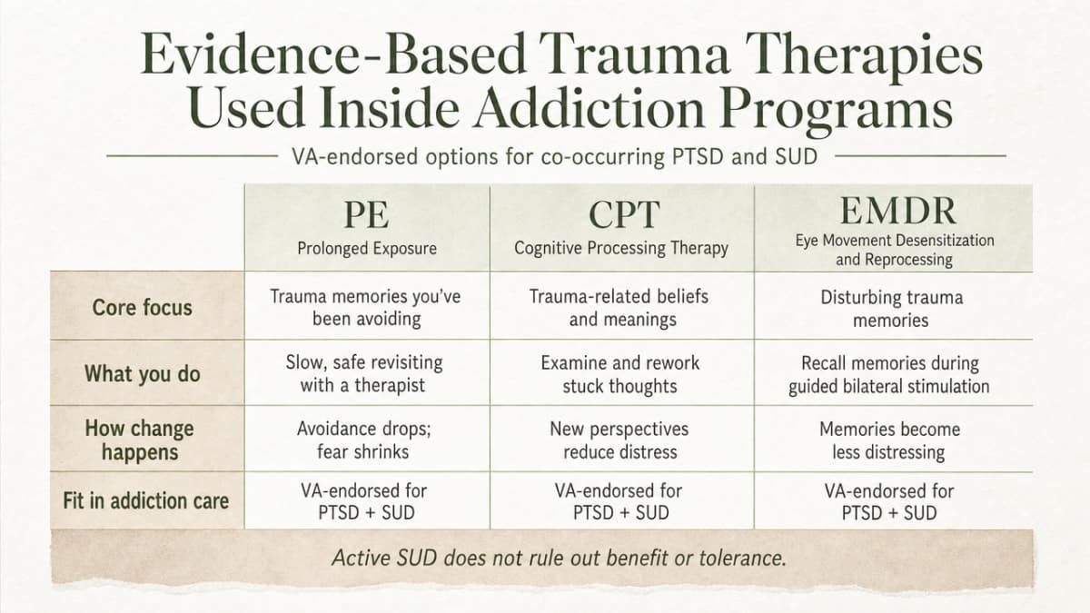 Provide a comparison infographic of the three VA-endorsed trauma therapies named in this section (PE, CPT, EMDR) so readers can quickly grasp how they differ