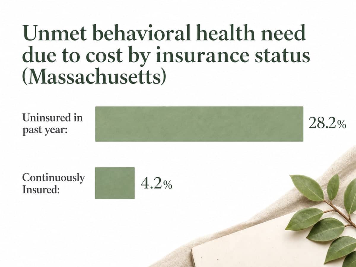Chart showing Unmet behavioral health need due to cost by insurance status (Massachusetts)