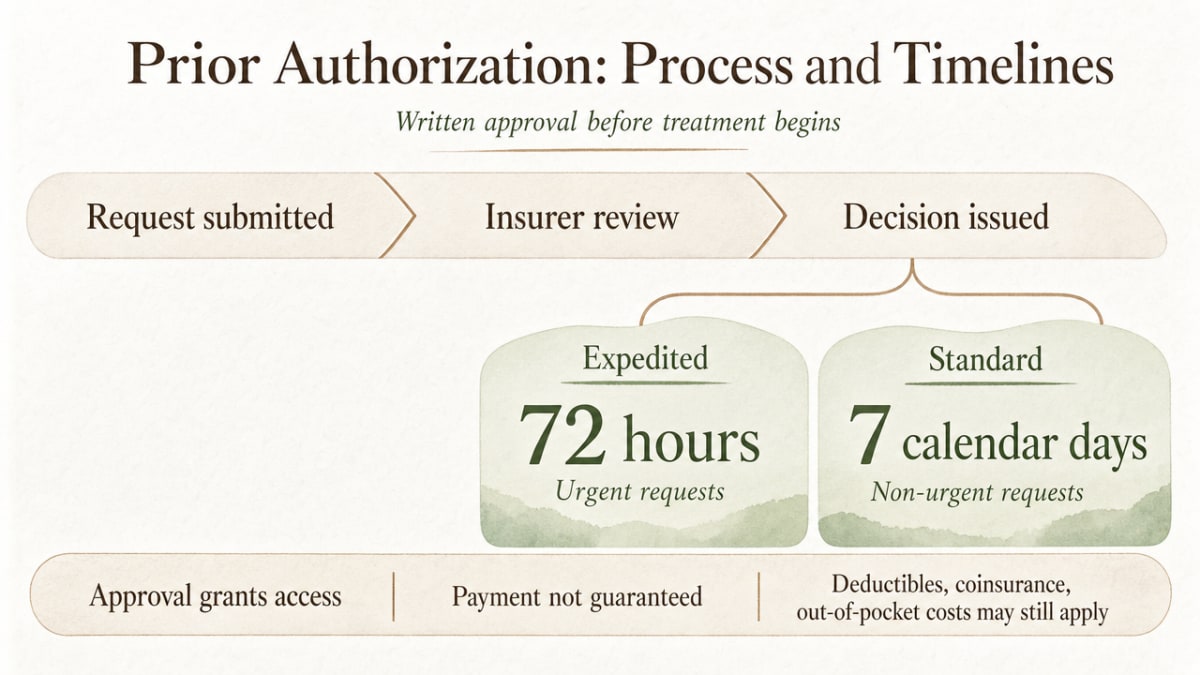 Visualize the federally mandated prior authorization decision timelines cited in this section (72 hours expedited, 7 calendar days standard), which are the key operational numbers governing how fast a rehab admission can be approved