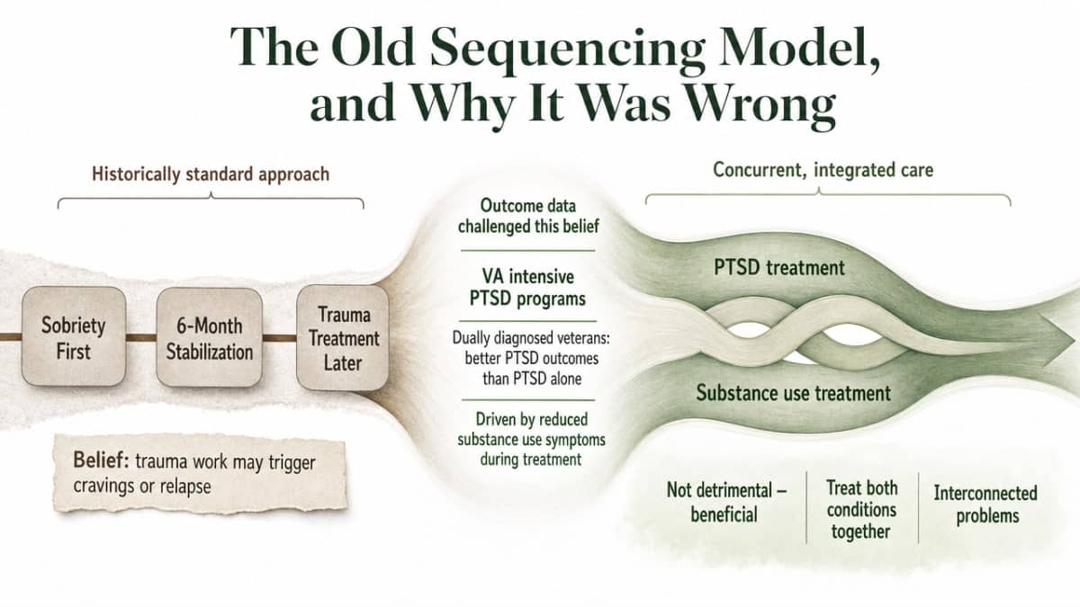 Visualize the shift from the outdated sequential treatment model to the current concurrent, integrated care model for PTSD and SUD, directly supporting the section's core argument