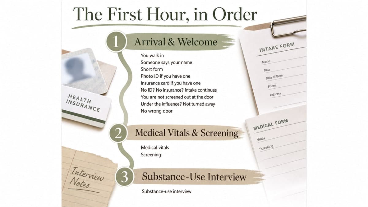 Visualize the three sequential steps of the first hour of intake described in this section: Arrival & Welcome, Medical Vitals & Screening, and Substance-Use Interview