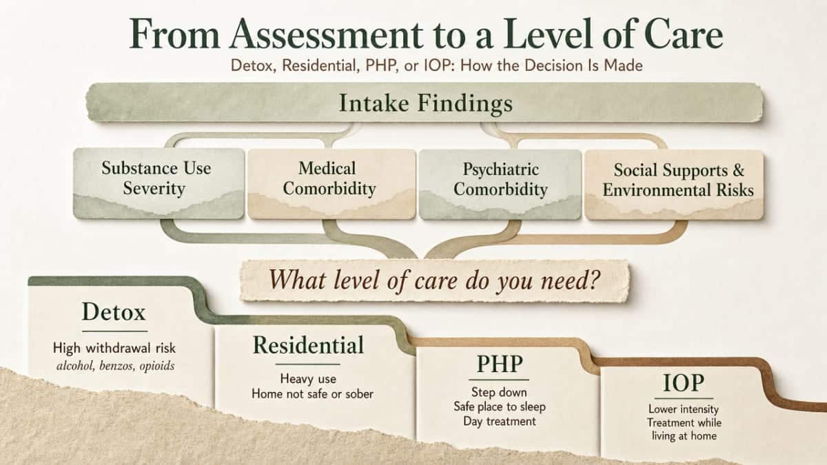 Show the decision framework clinicians use to place patients into detox, residential, PHP, or IOP based on the four assessment domains cited from SAMHSA/ASAM guidance