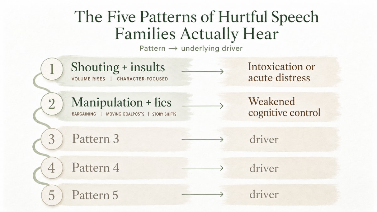 Visualize the five distinct patterns of hurtful speech described in this section, each paired with its underlying driver, so readers can recognize and name what they are hearing