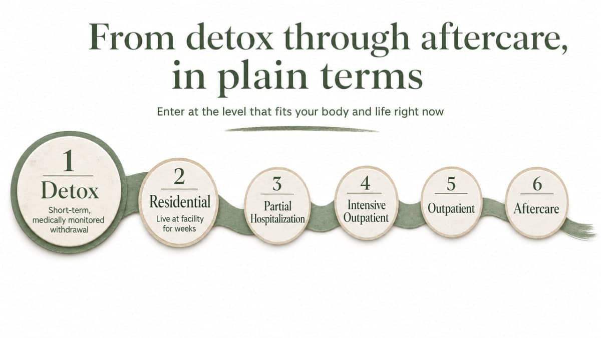 Visualize the six-step ASAM continuum of care described in this section, giving readers a clear map of how they move through Kansas SUD treatment levels