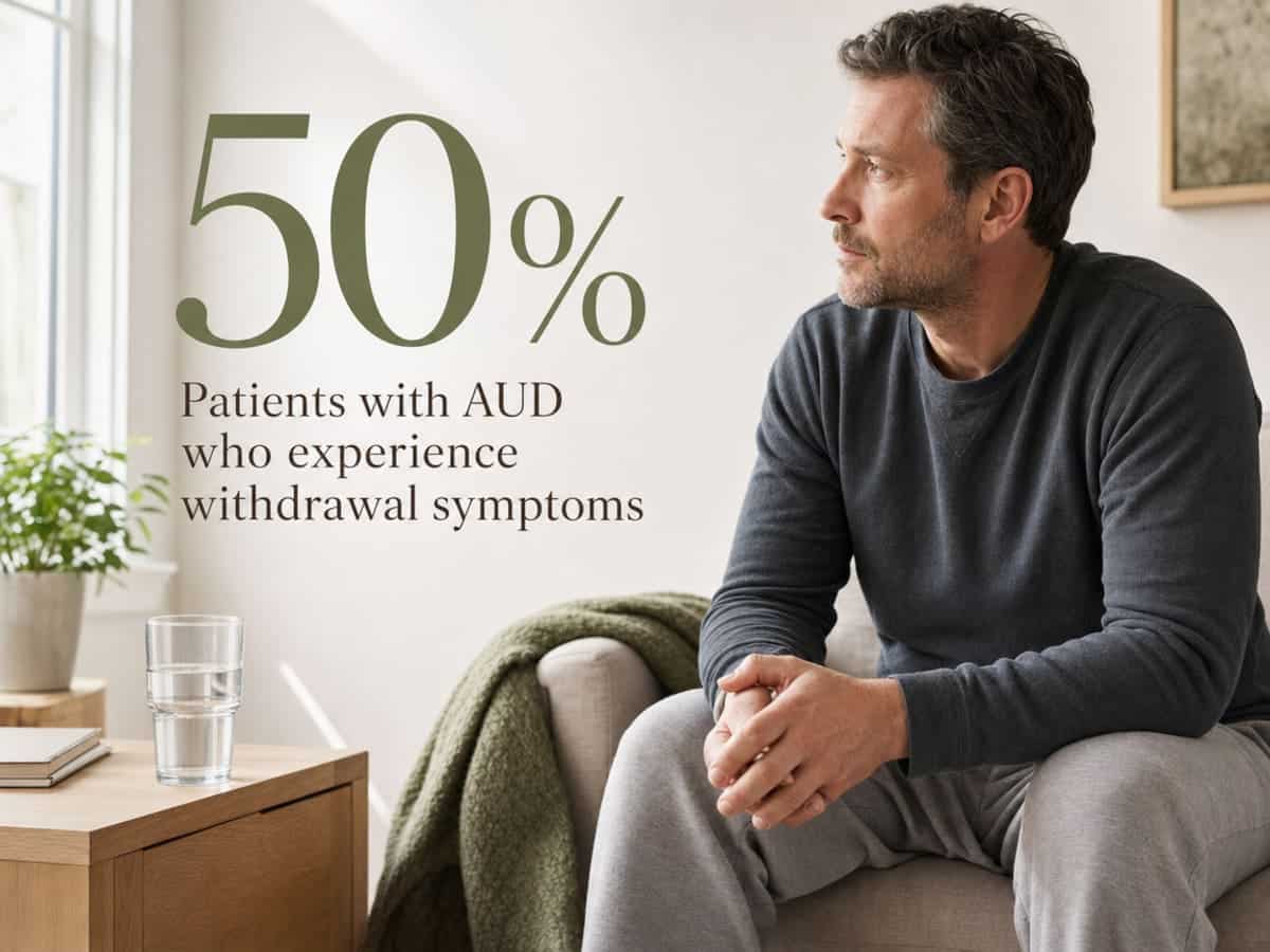 Infographic showing Patients with AUD who experience withdrawal symptoms