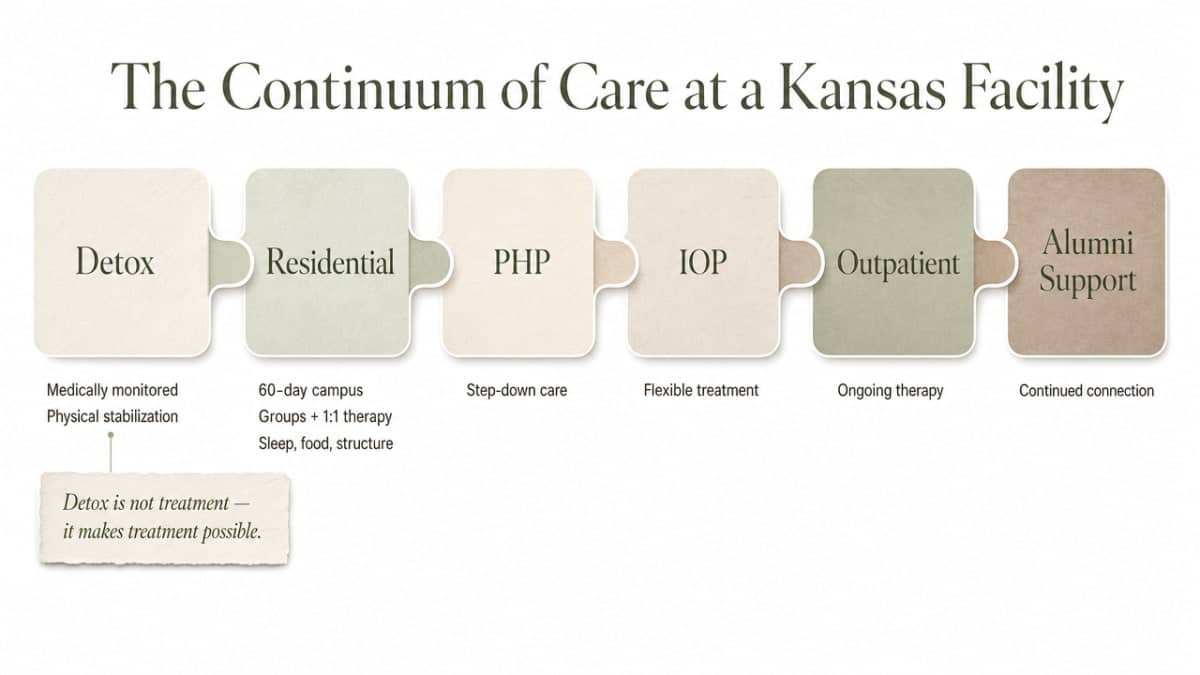 Illustrate the sequential continuum of care described in the section (detox → residential → PHP → IOP → outpatient → alumni support), giving readers a clear map of the treatment journey referenced in the prose
