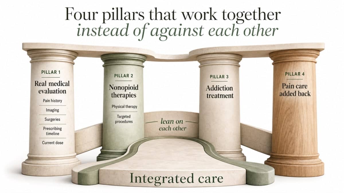Visualize the four named pillars of integrated pain and addiction care described in the section prose