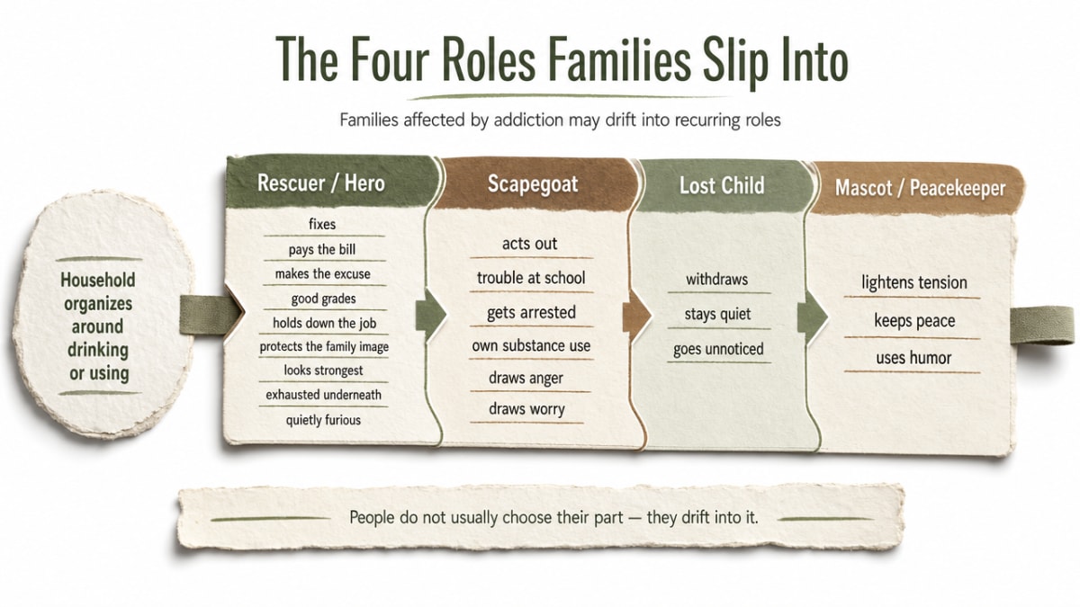 Visualize the four family roles described in this section (Rescuer/Hero, Scapegoat, Lost Child, Mascot/Peacekeeper) as a process infographic since the section explicitly enumerates and defines each role from the Wegscheider-Cruse model