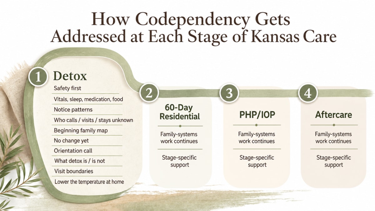 Process infographic visualizing the continuum-of-care workflow the section walks through step-by-step (Detox → 60-Day Residential → PHP/IOP → Aftercare) and what family-systems work looks like at each stage