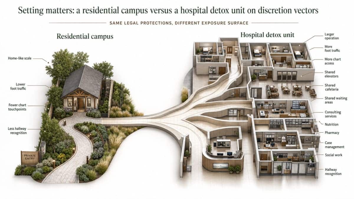 Fallback conceptual illustration contrasting the intimate, home-like scale of a residential recovery campus with the larger institutional footprint of a hospital setting, reinforcing the discretion argument without duplicating the article's comparison table