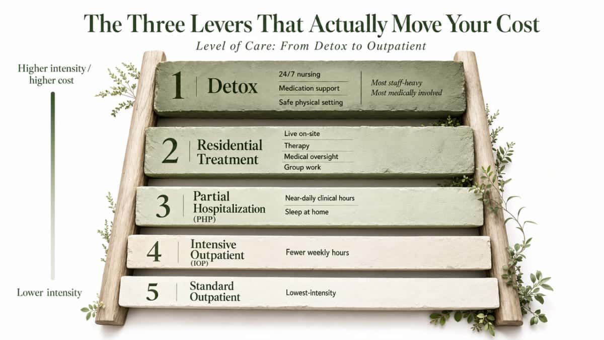 Visualize the ladder of care intensities described in the section, from detox at the top to standard outpatient at the bottom, showing relative intensity of services at each rung