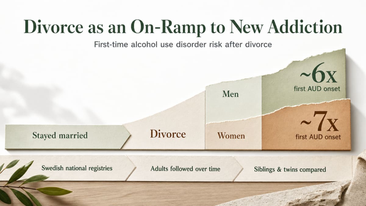Visualize the sixfold and sevenfold increase in first-time alcohol use disorder risk after divorce, which is explicitly cited in this section