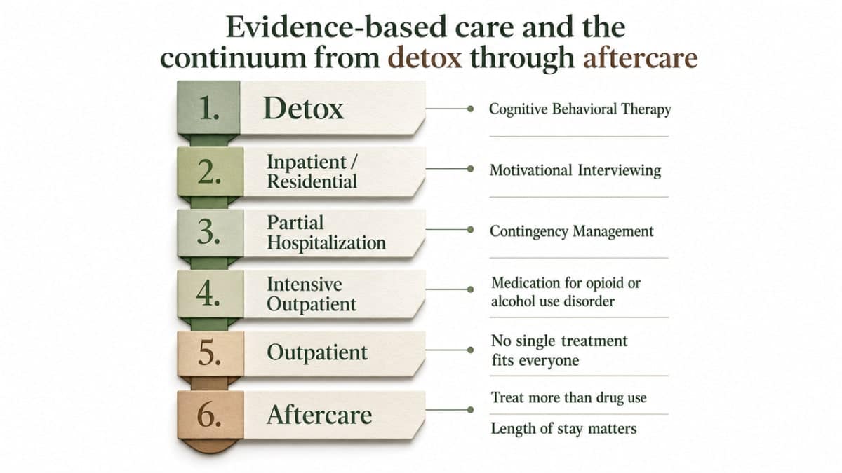 Illustrate the six-step continuum of care described in this section so readers can see the full ladder from detox through aftercare in one glance