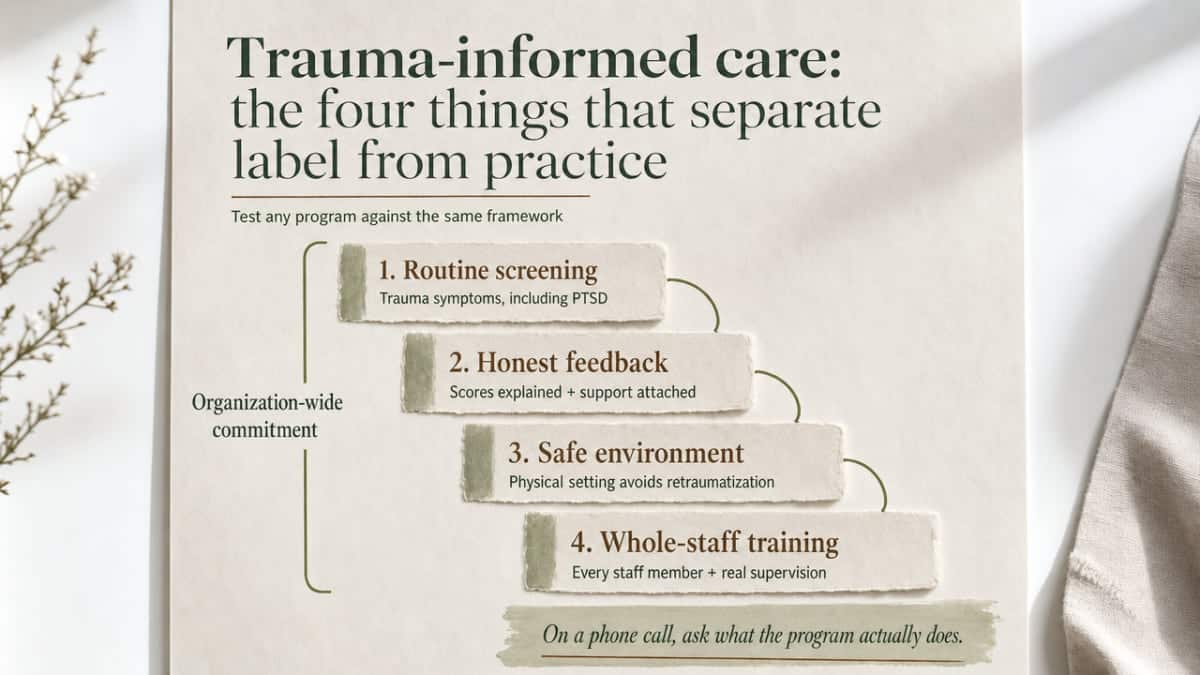 Map the four concrete components of trauma-informed care cited from the 2023 residential study so readers can test any program against the same framework