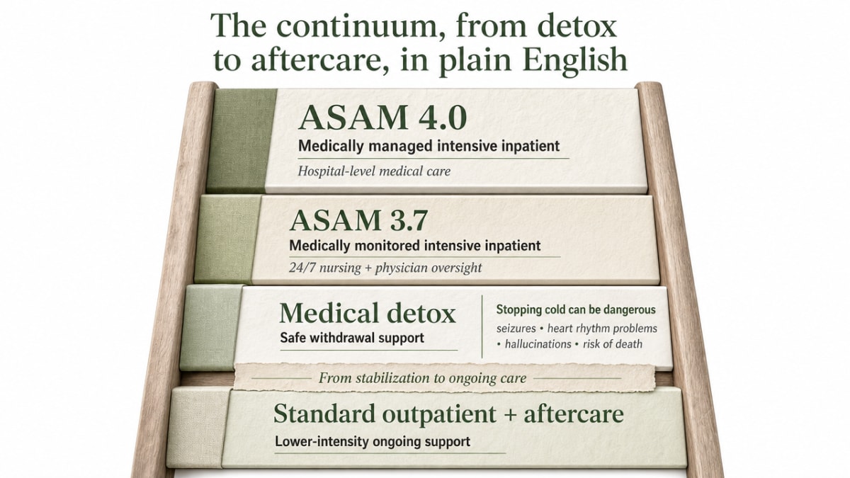 Visualize the full continuum of care ladder discussed in the section, from medically managed inpatient down to standard outpatient and aftercare, matching Kansas statute and SAMHSA guidance