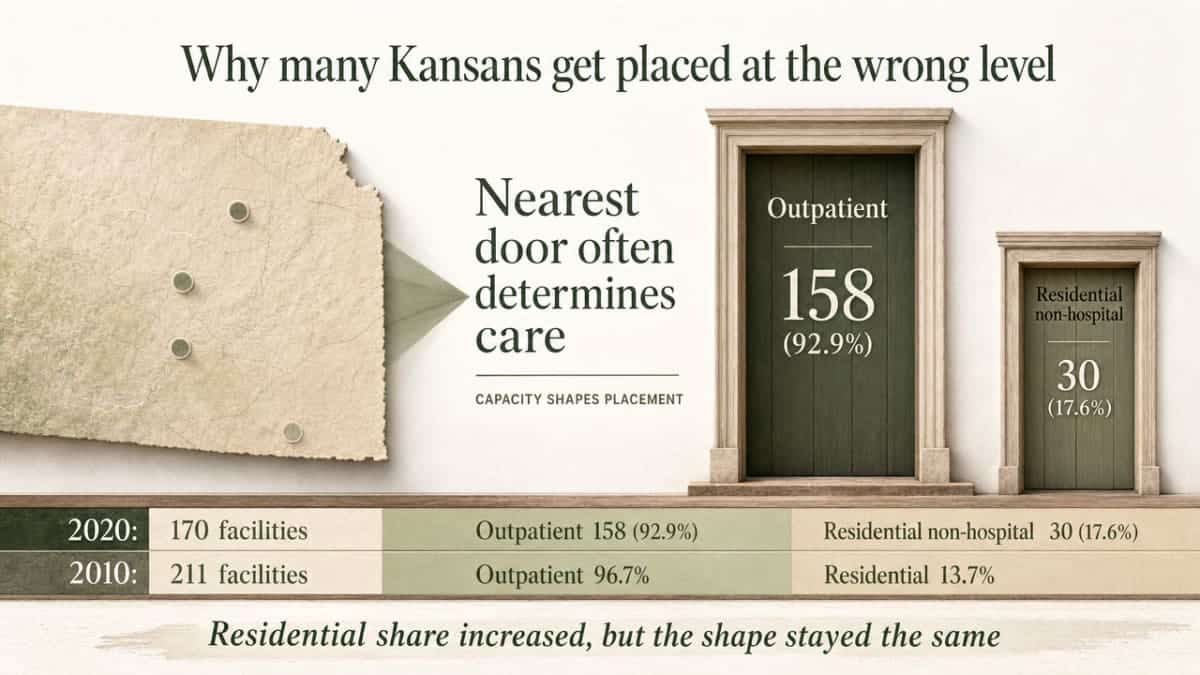 Support the cited N-SSATS statistics showing the imbalance between outpatient and residential facility availability in Kansas, which is the exact point of this section