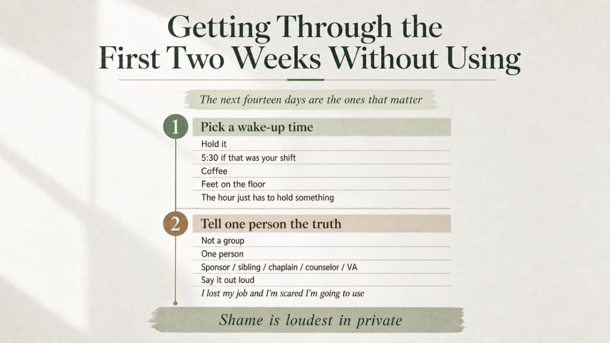 Process infographic visualizing the section's cited step-by-step coping actions for the first two weeks after job loss