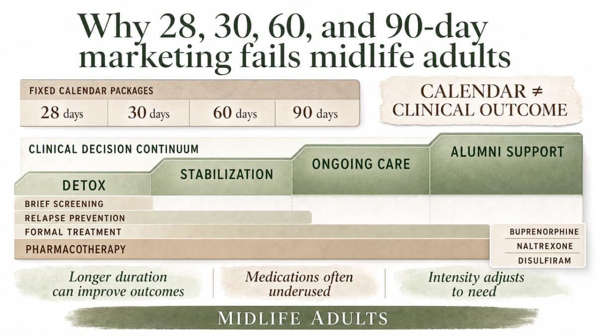 Visualize the continuum of care described in the section (detox through alumni support) as a stepped, clinical-decision-based model rather than a fixed calendar package