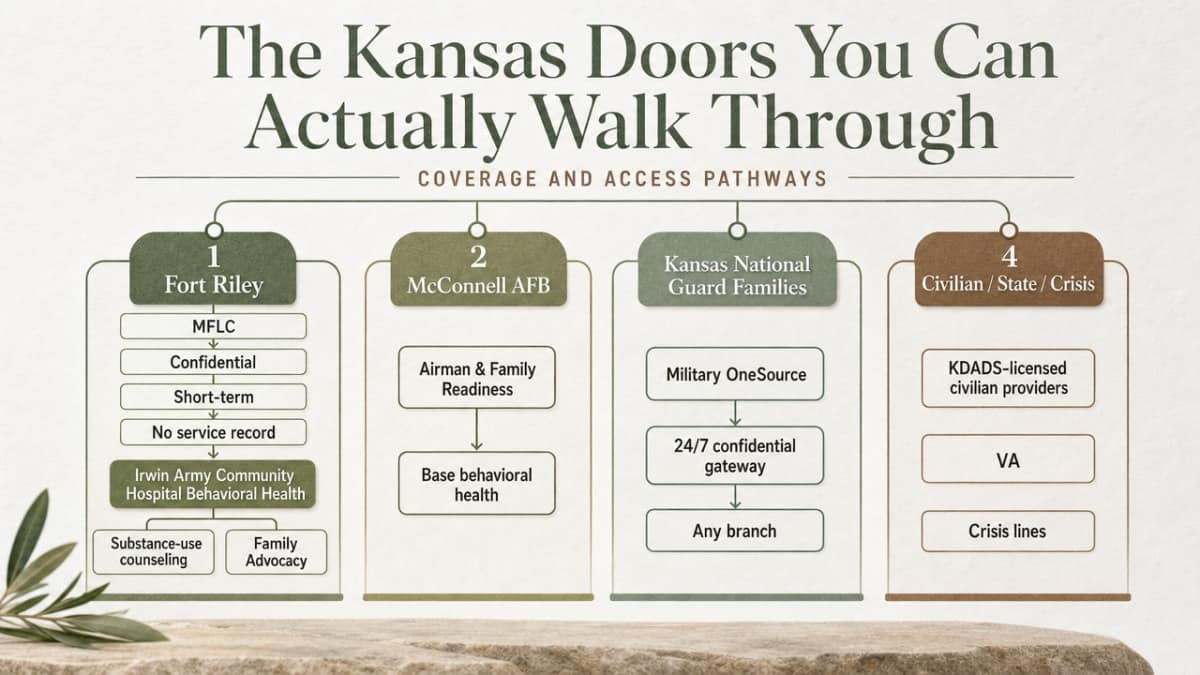 Process infographic mapping the four coverage and access pathways described in the section (military installation, VA, KDADS-licensed civilian, crisis lines) so readers can see the routes side-by-side