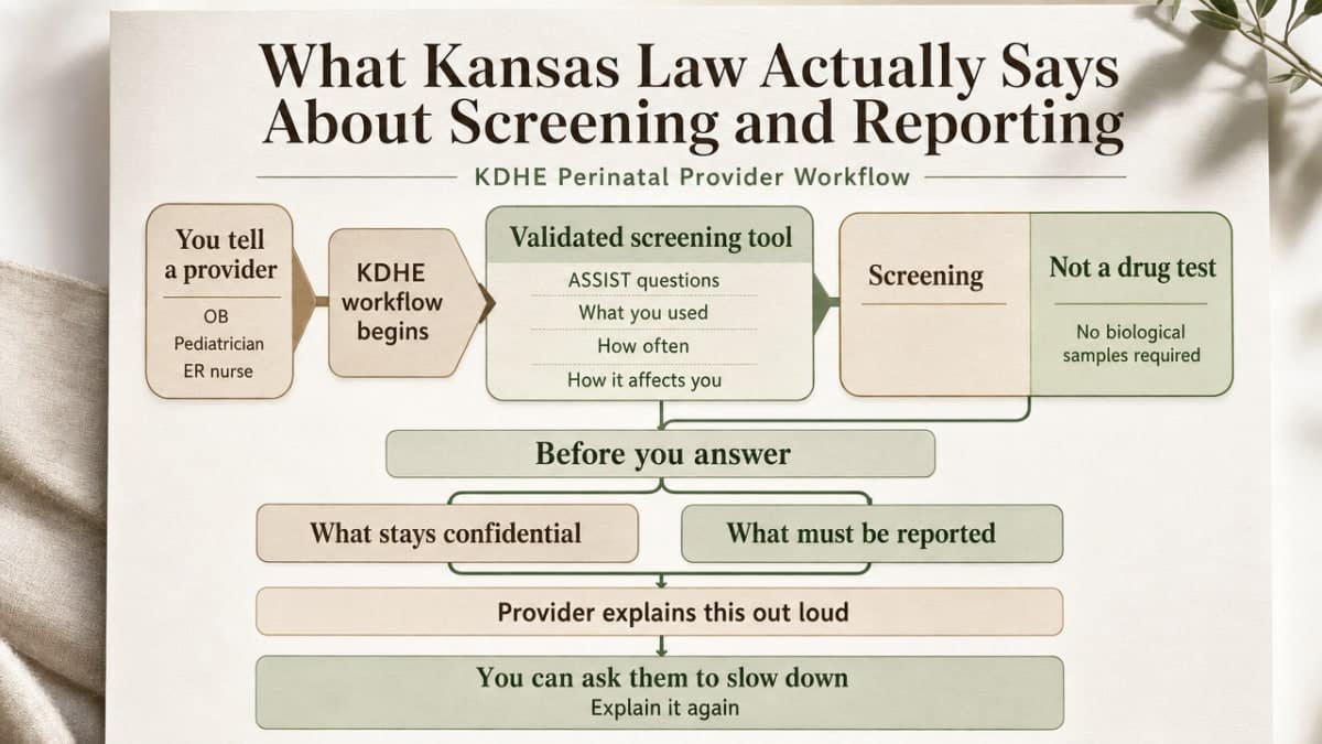 Visualize the KDHE Perinatal Provider Workflow steps described in the section, clarifying the difference between screening, disclosure, reporting, and removal for postpartum mothers