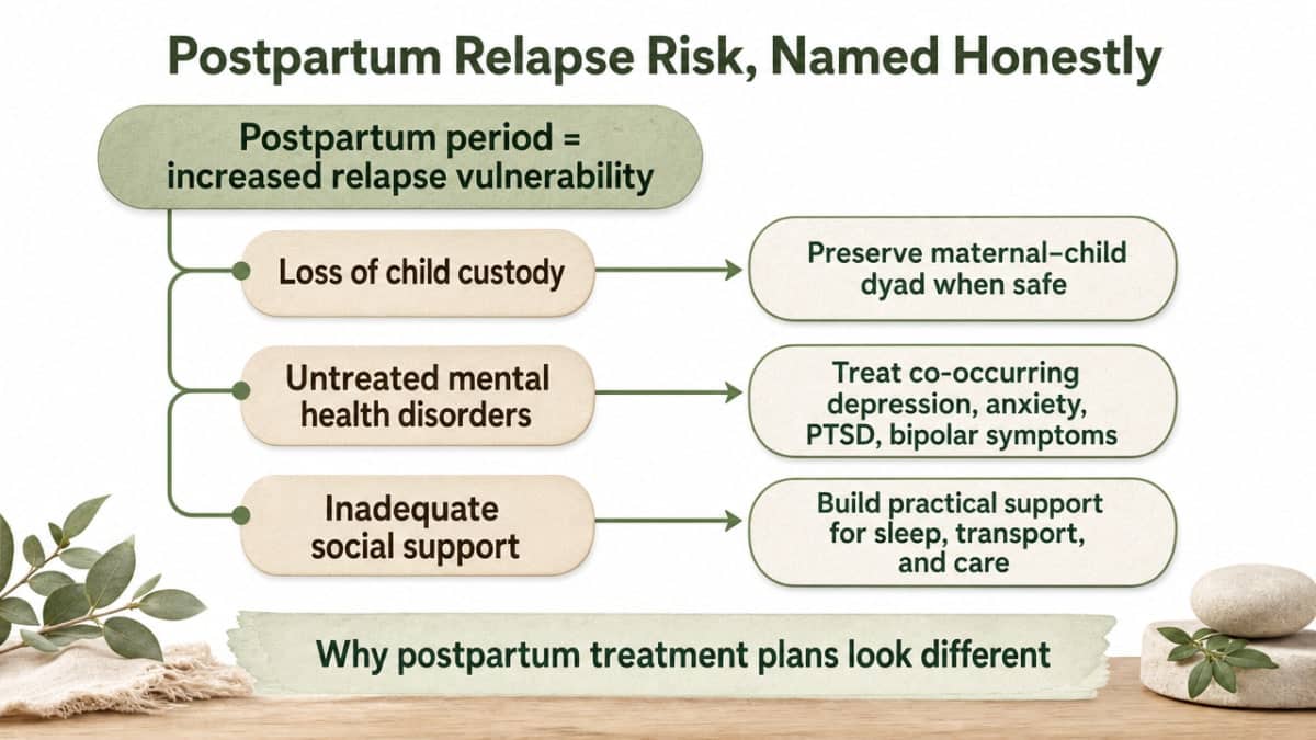 Map the three named postpartum relapse risk factors from the systematic review to the specific treatment responses discussed in this section