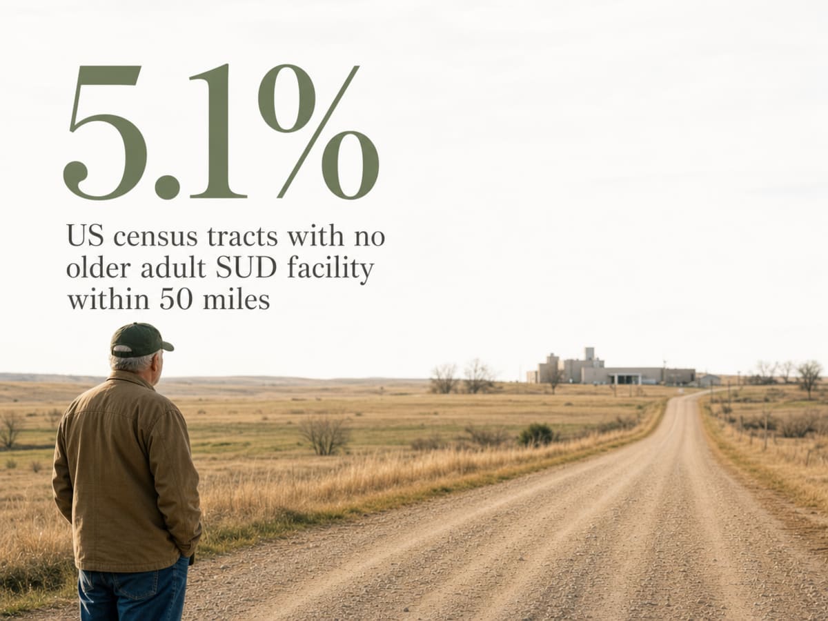 Infographic showing US census tracts with no older adult SUD facility within 50 miles