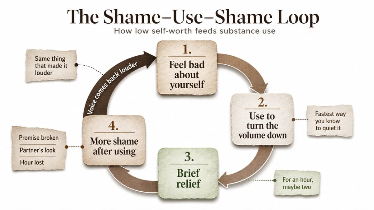 Visualize the self-reinforcing feedback loop between low self-worth, substance use, and deepening shame that the section describes, giving readers a clear mental model of why willpower alone stalls out