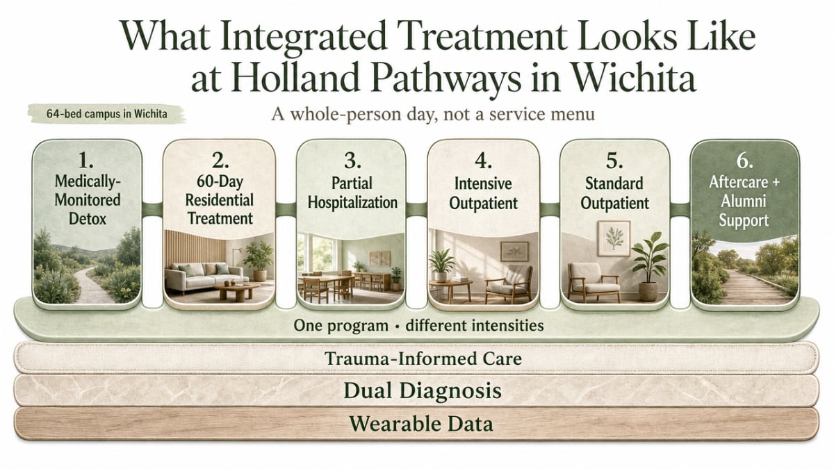 Visualize the continuum-of-care operating model described in the section (detox through aftercare) with the three continuous underlying layers (trauma-informed care, dual diagnosis, wearable data), which the article explicitly frames as an integrated whole-person plan